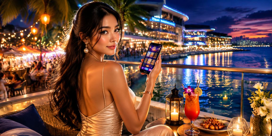 Suasana malam pasar dengan pencahayaan neon dan hiburan kasino premium VIP