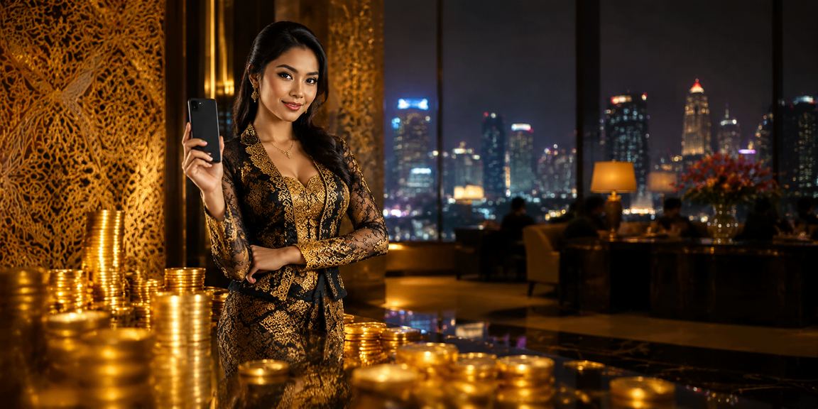 Model Vietnam memegang tiket lotere dengan ekspresi antusias di lingkungan modern